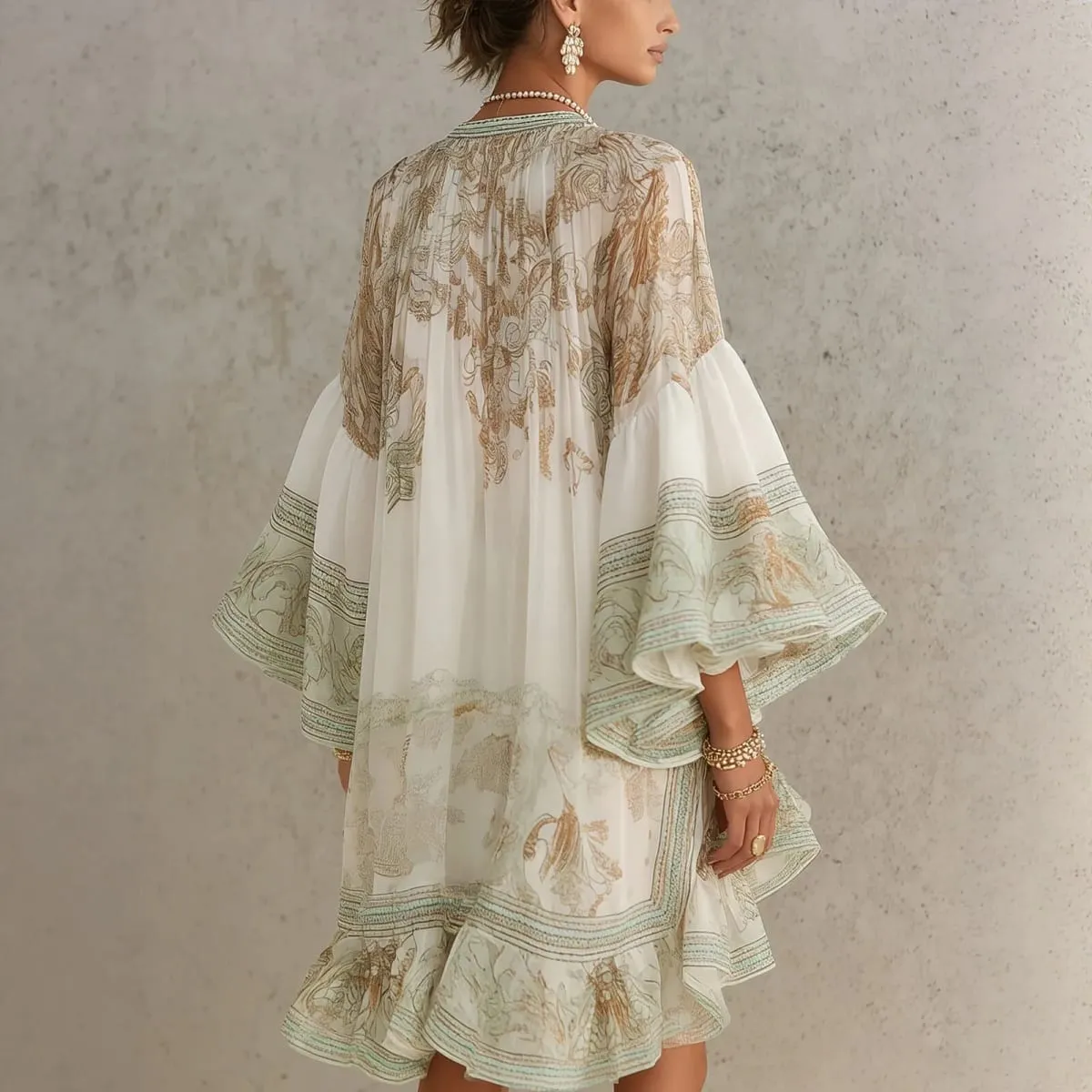 Spring Summer Women Flare Sleeve Floral Print Asymmetric Hem Dress Dresses Retro Ruffle Gown