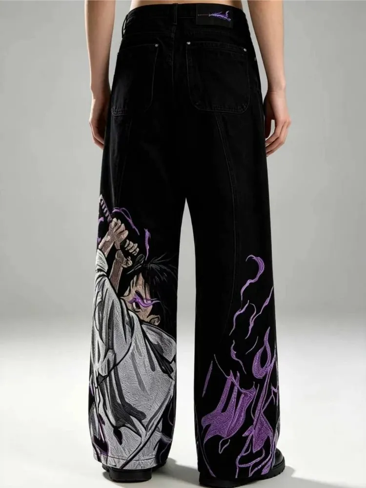 Jeans pour hommes broderie lourde Streetwear pantalon en jean Harajuku unisexe coupe ample jambe large Anime jambe droite noir décontracté mode — image 5