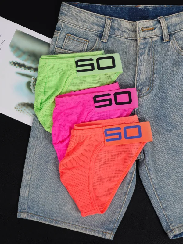 Seluar Dalam Campuran Nilon Mesh Bernafas Lelaki Huruf Sambatan Tanduk Timbul Pinggang Elastik Lebar Warna Pendarfluor Seluar Dalam Seksi