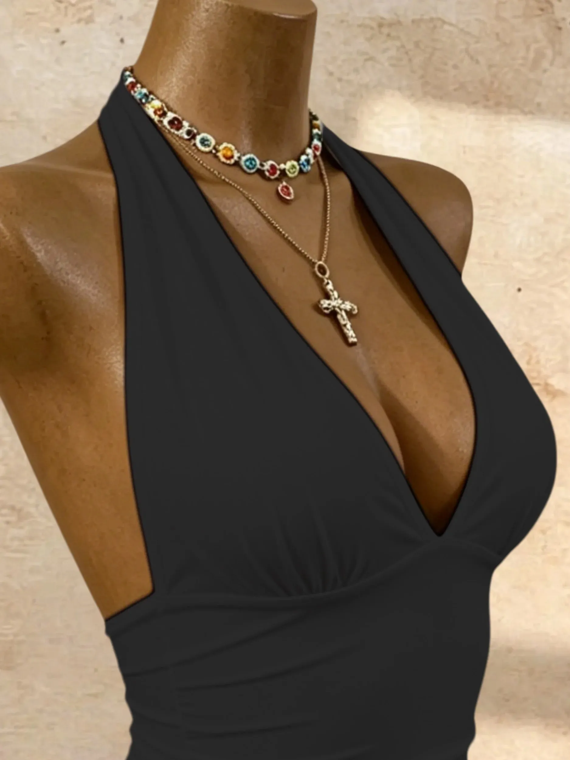 Women Halter Deep V Neck Ruched Slim Fit High Cut Bodysuit 2026 Summer Y2K Streetwear Sleeveless Tank Top
