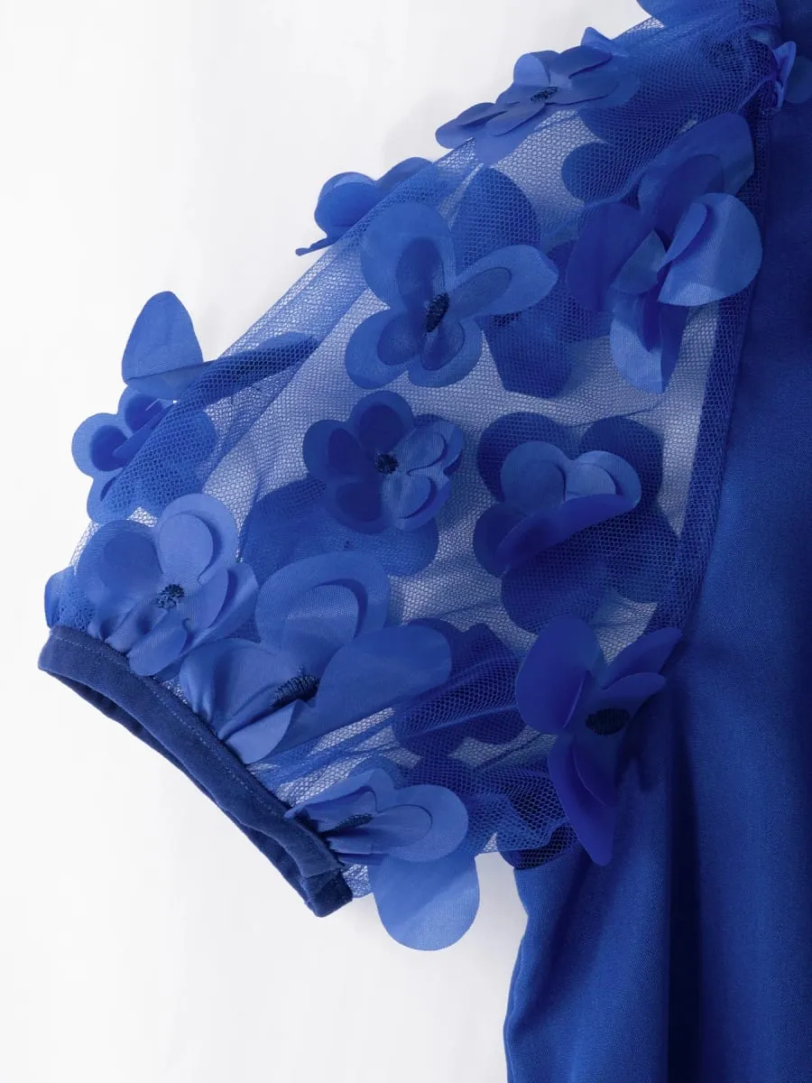 Women PuffSleeve ShirtCollar RoyalBlue 3DFloral HiLoHem Midi Dress ElegantRetro SpringSummer Chic Party Club Lightweight Dress