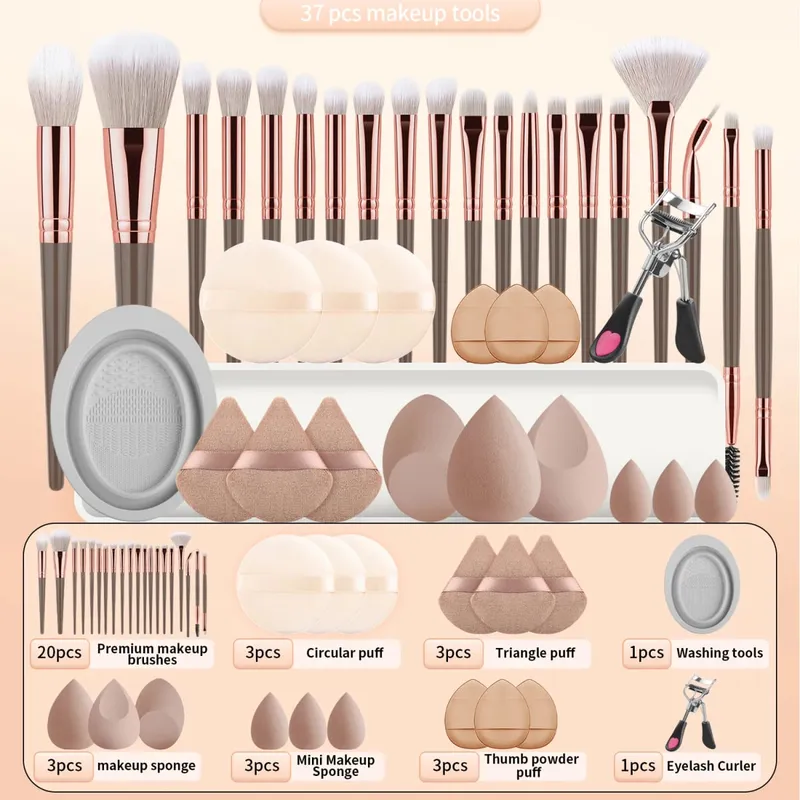 37PCS Makeup Tools Set 20 Brushes + Sponges Puffs Eyelash Curler Cleaning Tool for Full Face
