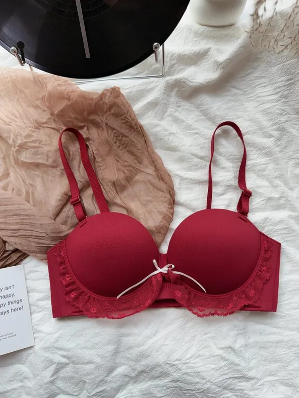 Set Bra Renda Separuh Piala Merah untuk Dada Kecil Sokongan Boleh Laras Anti-Kendur Tekan Ke Atas Set Pakaian Dalam Seksi Hadiah Hari Lahir Wanita — image 11