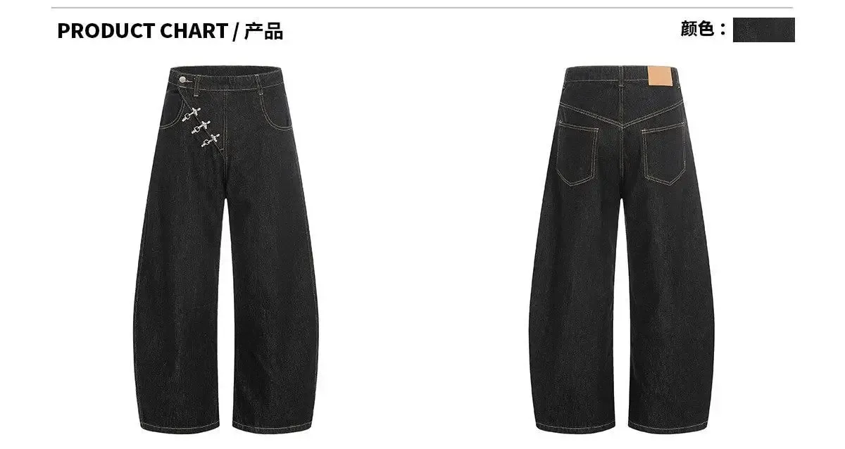 High Retro Hip Hop Wide Leg Raw Denim Jeans Women Airplane Buckle Design Curved Hem Floor Length Jeans Streetwear Daily Clothes