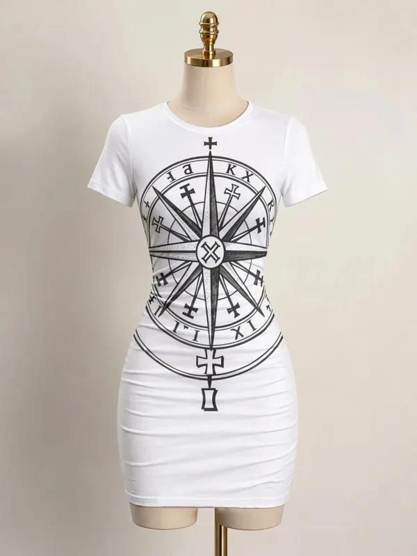 Pakaian Mini Bodycon Lengan Pendek Wanita Slim Fit Leher Krew Cetak Bunga Kasual Pesta Musim Panas Comel Regangan Bergaya Sundress