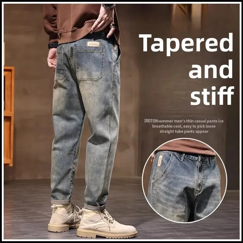 Spring Summer New Retro Men's Jeans Straight Leg Elastic Casual Versatile Classic Mid-Rise Long Pants Comfortable Fit