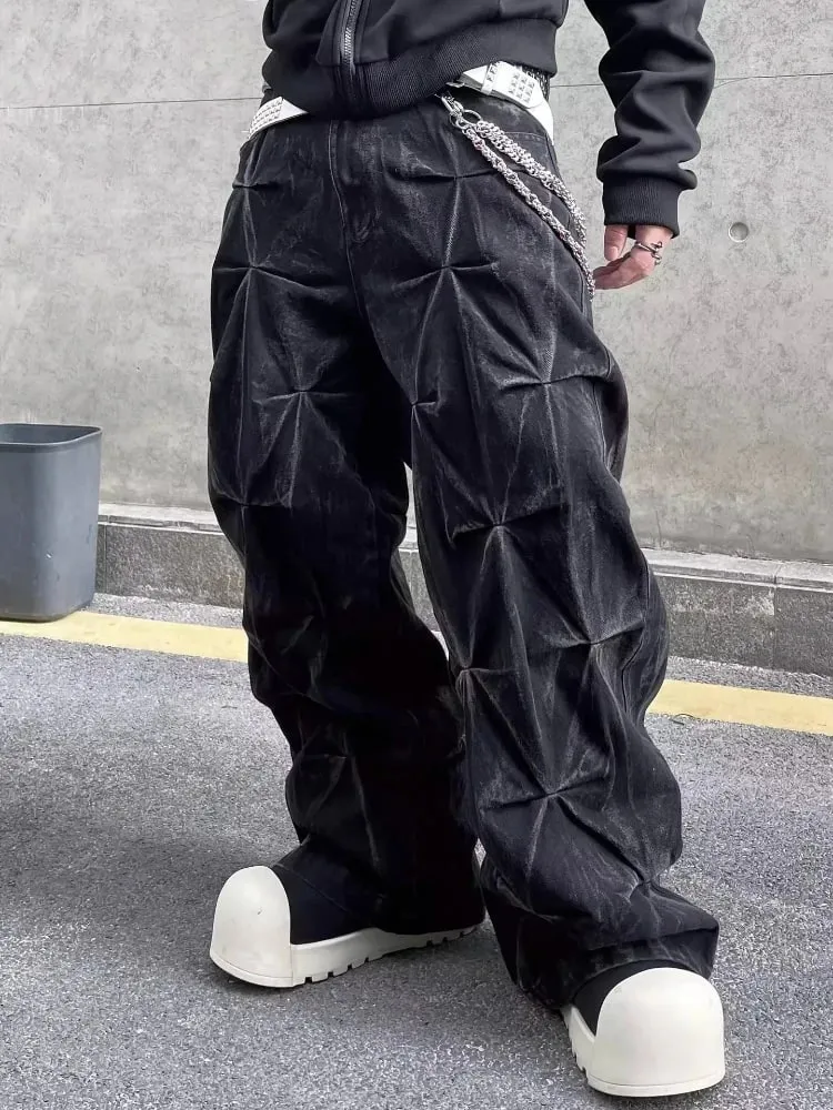 Mens Jeans Harajuku Y2K Streetwear Black Pleated Baggy Denim Pants High Street Hip Hop Wide Leg Loose Fit Casual Fashion Trend