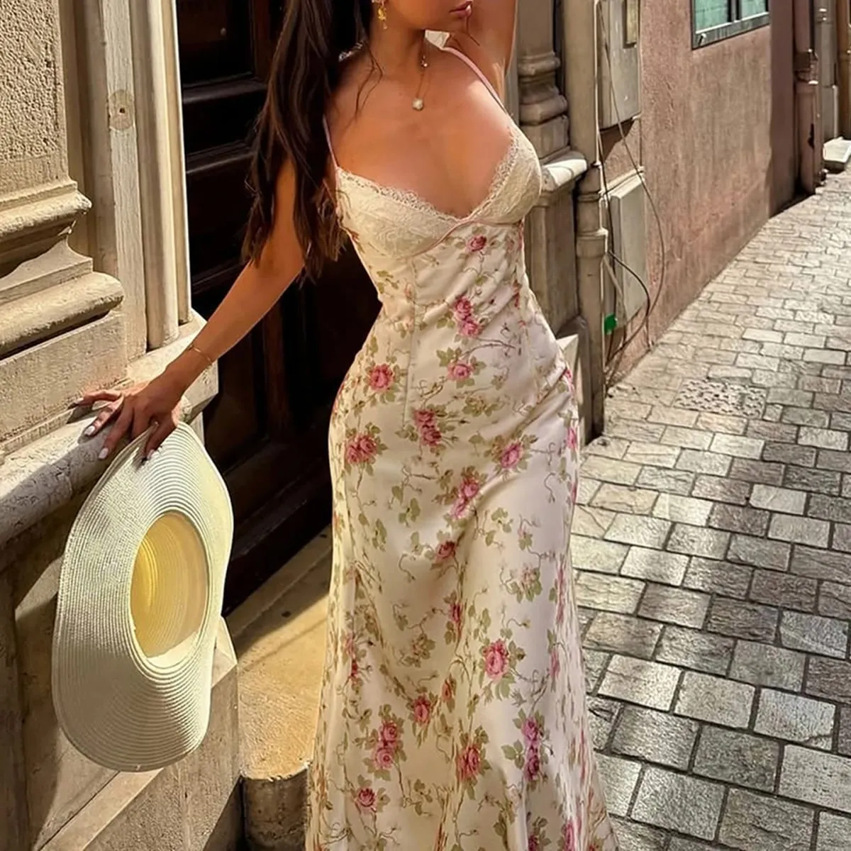French Sexy Lace Satin Dress Women Sleeveless V-neck Spaghetti Strap Party Dresses Summer Vacation Boho Party Vestidos