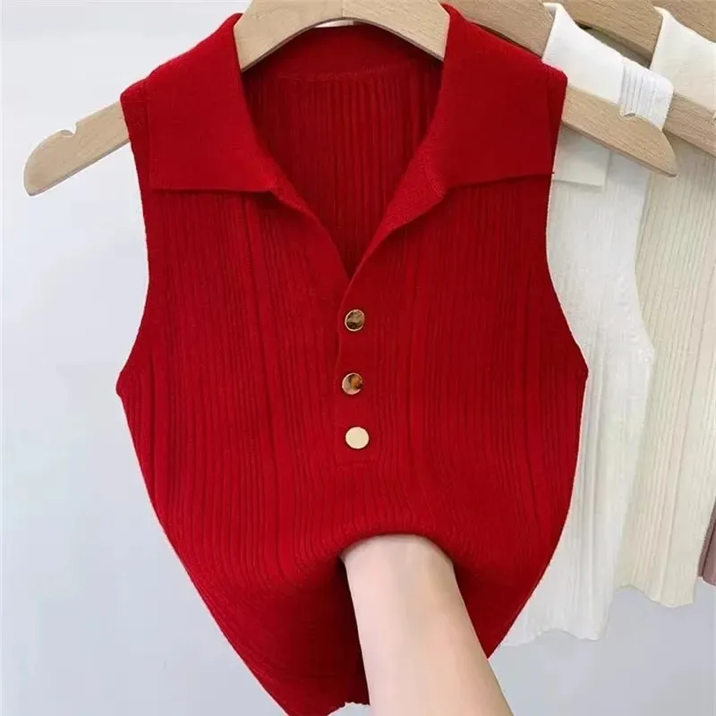 Zjaiss 2026 Spring Summer Slim Versatile Camisole Women's Polo Lapel Tank Tops Vest Ice Silk Knit Sleeveless Tops