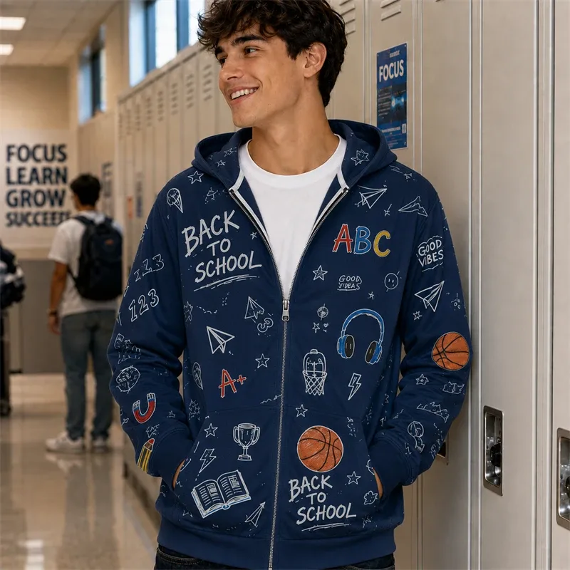 Zip Hoodie Men Back To School 3d Print A+ Graphic Basketball Book Pattern Hoodie New Y2k Gift Casual Street Hooded Sweatshirt