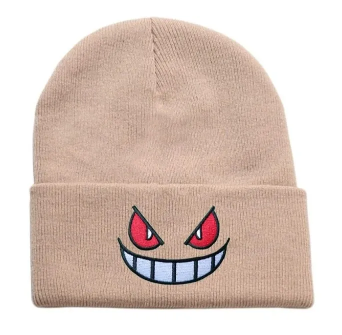 Pokemon Gengar Kartun Bordir Beanies Rajutan Skullies Musim Gugur Musim Dingin Topi Wol Hangat Gengar Wanita Pria Beanies