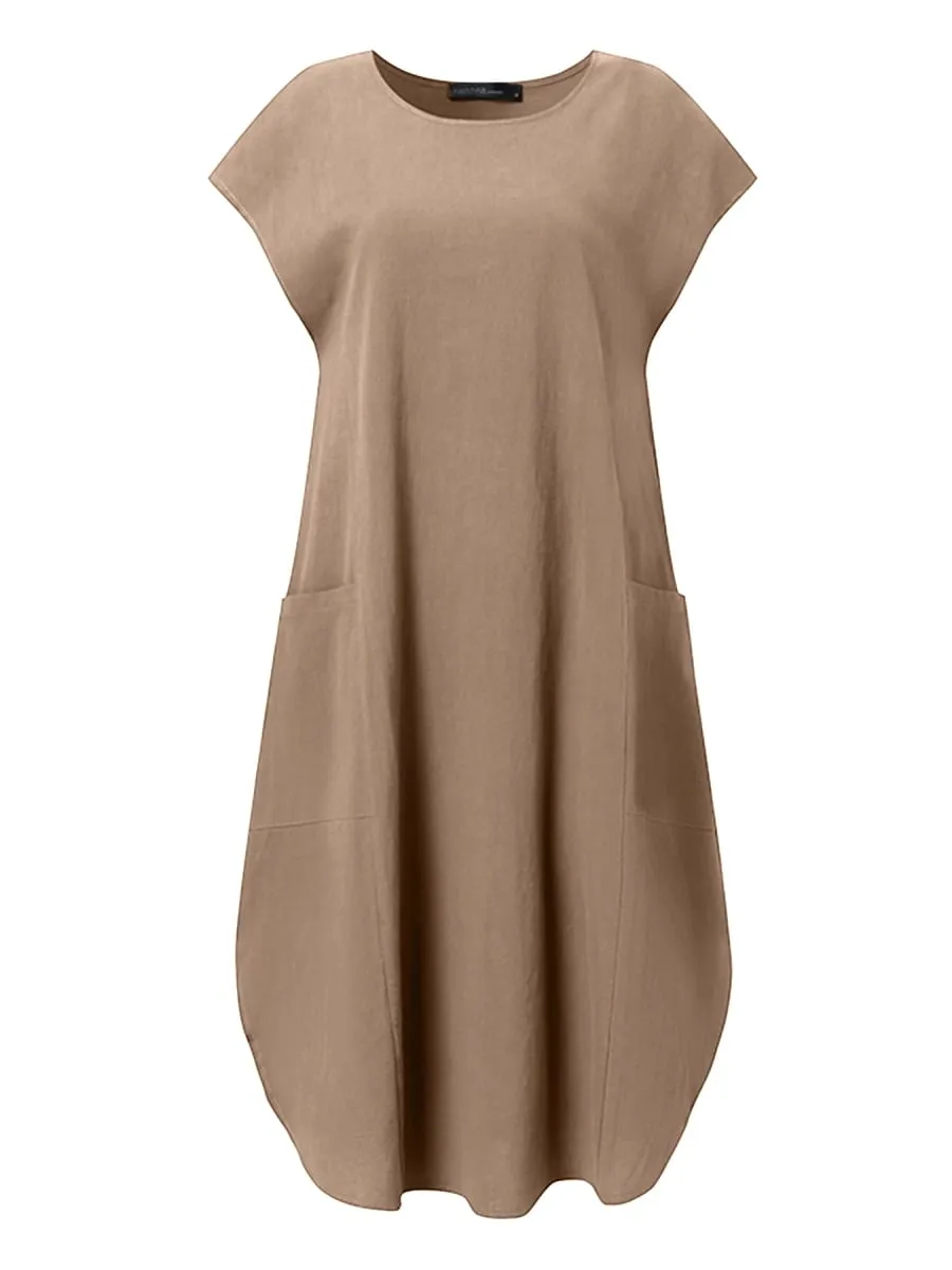 Summer Casual Cotton Dress for Woman O-Neck Short Cap Sleeve Loose Cotton Knee-Length Dress Vacation Day Wear Robes Femme