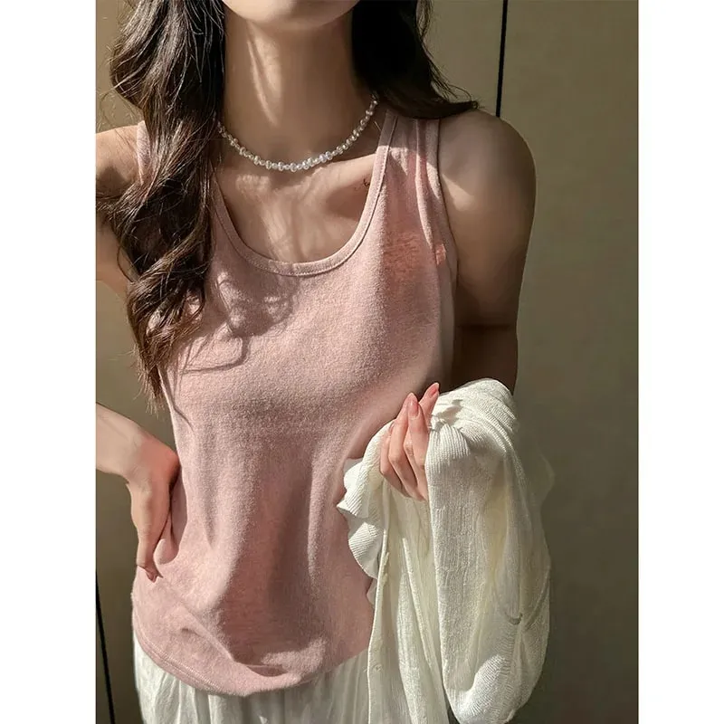 2026 New Women Summer Casual Tank Tops Solid Color All-Match Basic Sleeveless Vest Female Korean Simple Loose O-Neck Camis Top