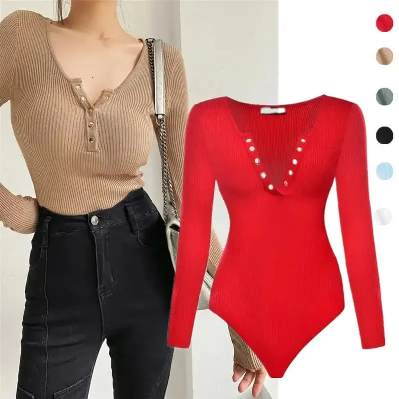 Long Sleeve Gold Button Detail Slim Fit V-Neck Bodysuit Sexy Elegant Wear Spring Autumn Women's Trendy Ribbed Knit Bodysui