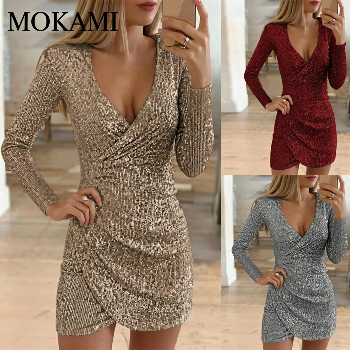Sexy minišaty Bodycon s výstřihem do V s asymetrickým lemem a flitry pro ženy Podzimní móda Evropský a americký styl Evening Go