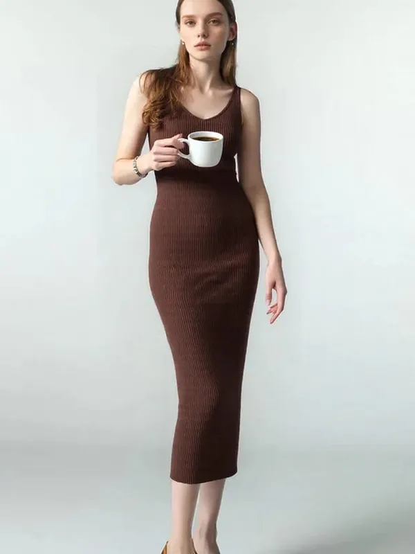 V Neck Sleeveless Elegant Knitted Slip Dress for Women Fashion Sexy Bodycon Casual Long Dresses Autumn Spring Bottoming Clothes