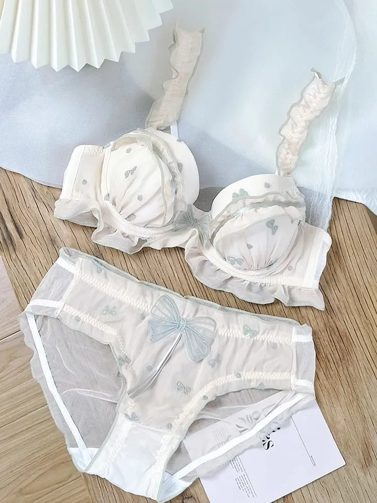 Japanese MOMOKO Butterfly Lingerie Set Wireless Bralette Sweet Pure Style Push Up Gathering Support for Small Chest No Underwire