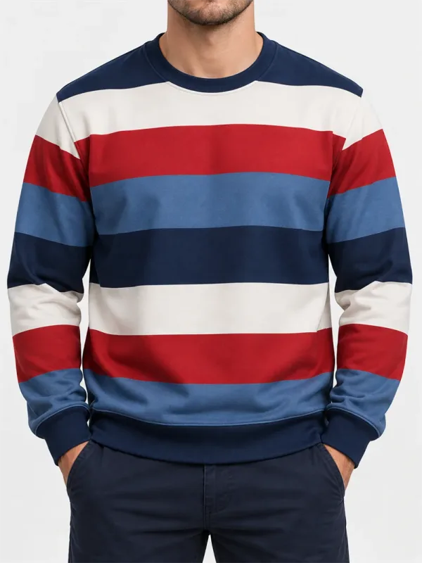 Vintage stribet sweatshirt med rund hals til mænd Casual langærmet trøje Farveblok Efterår Streetwear Hverdagsmode Klassisk top