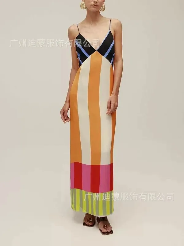Elegant High Waist 2025 Party Long Dress Fashion Casual New Striped Colorful Women Sexy Spaghetti Strap Bohemian Mixi Dresses