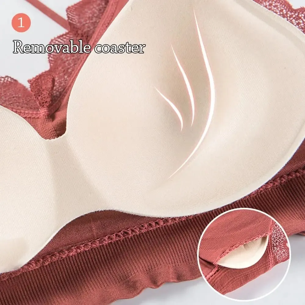 1 ชุดลำลองลูกไม้ผู้หญิงไม่มีรอยต่อ Bra ชุด V คอ Bra Pads ชุดชั้นในชุดสบาย Breathable ชุดชั้นในชุด