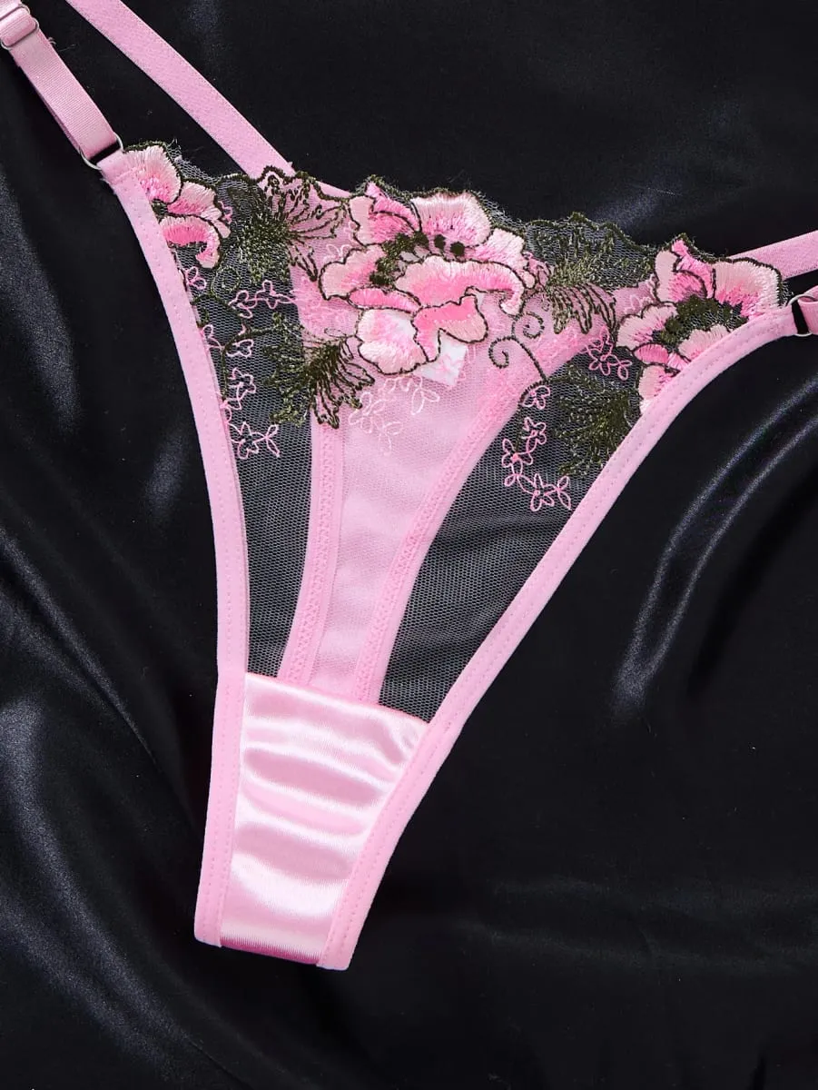 Women Floral Embroidery Lace Lingerie Set Push‑Up Bra & Thong Mesh Satin Intimate Underwear for Daily Nightwear ZA825146