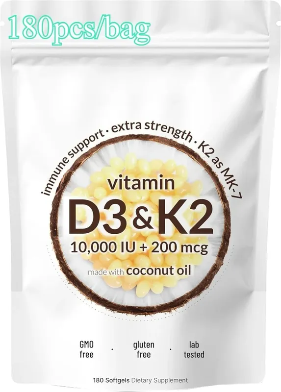 Vitamin D3 K2 Softgels D3 10000 IU + K2 MK-7 200 Mcg Softgels with Coconut Oil 2-in-1 Vitamin D & K Daily Supplement 180 Count