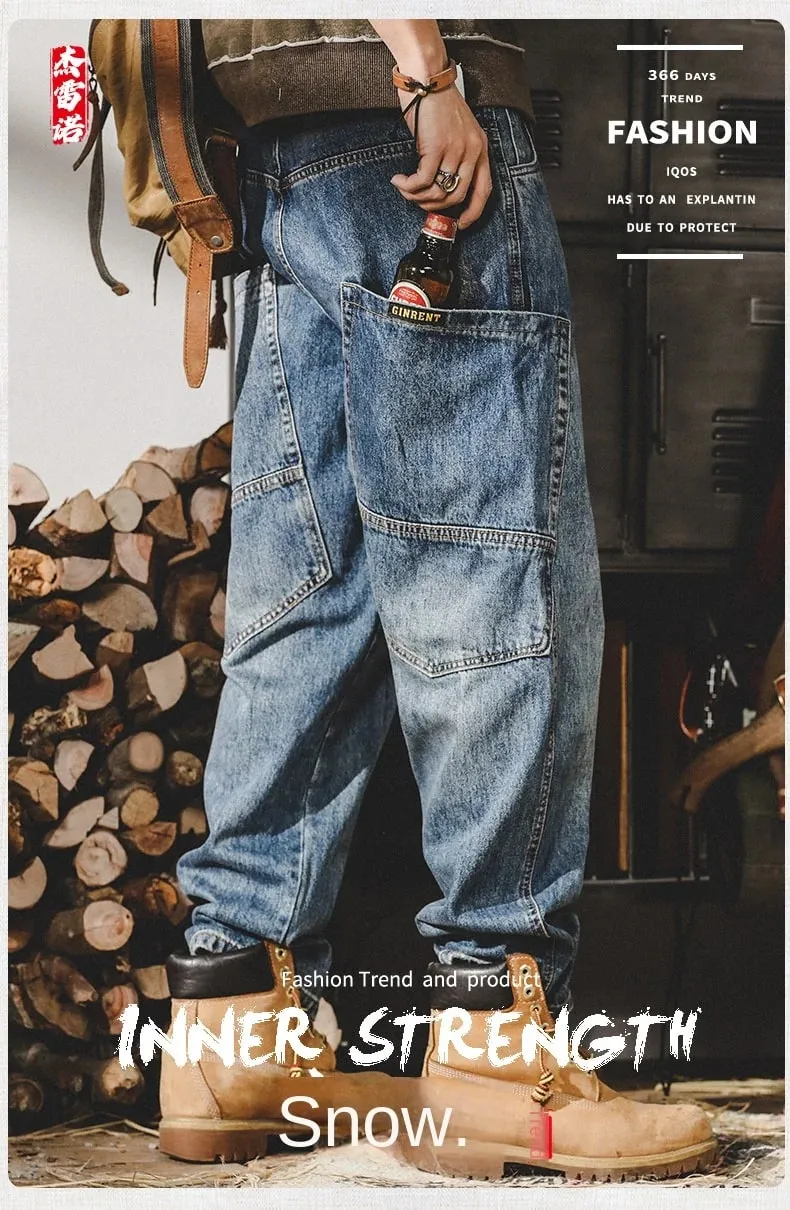 American Retro Jeans Men Autumn High StreetinsTrendy Cargo Pants Men Loose Fit Plus Size Straight Wide-Leg Pants