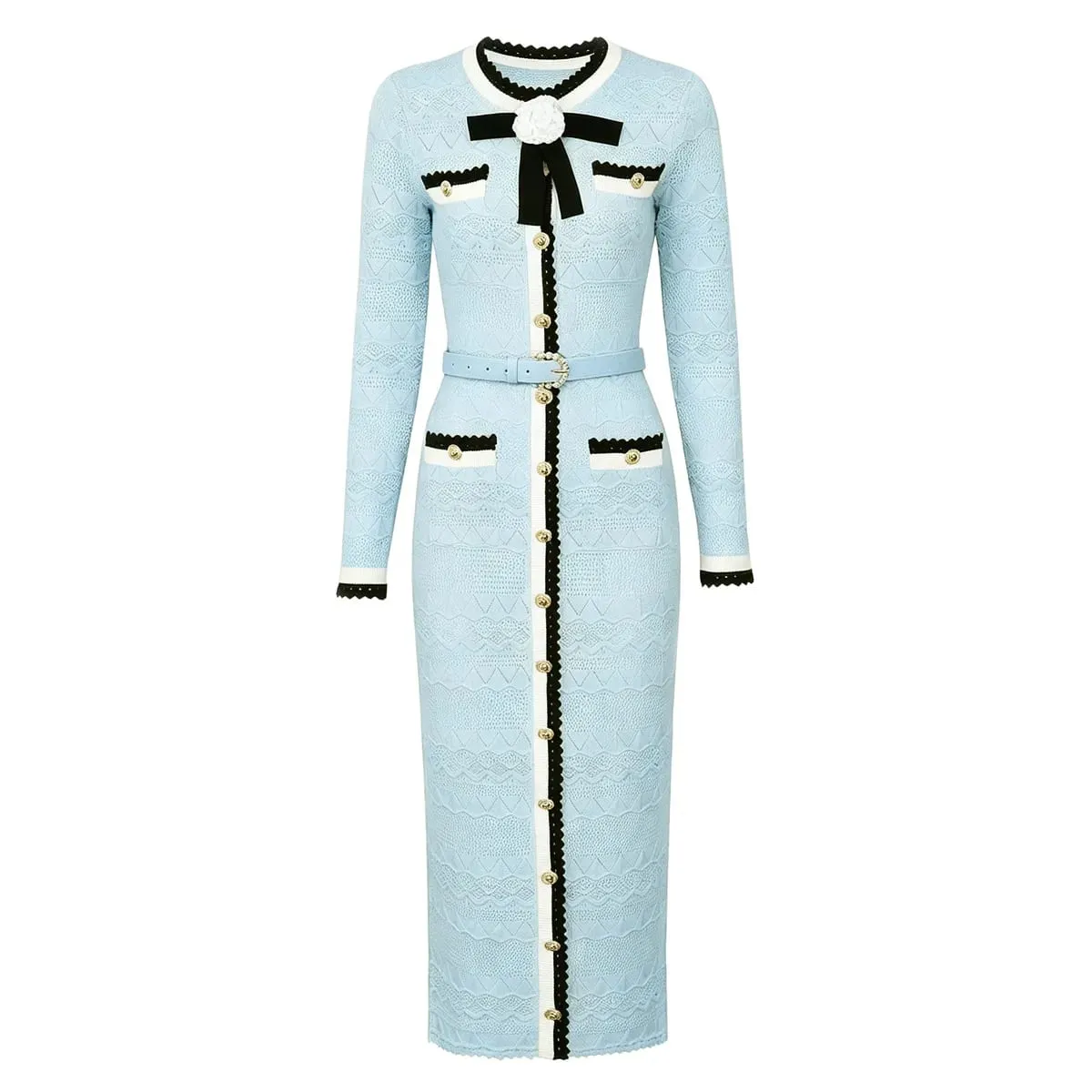 Autumn Winter Long Knitting Sweater Dresses Woman 2026 Fashion 3D Floral Hit Color Midi Straight Party Casual Dress Blue