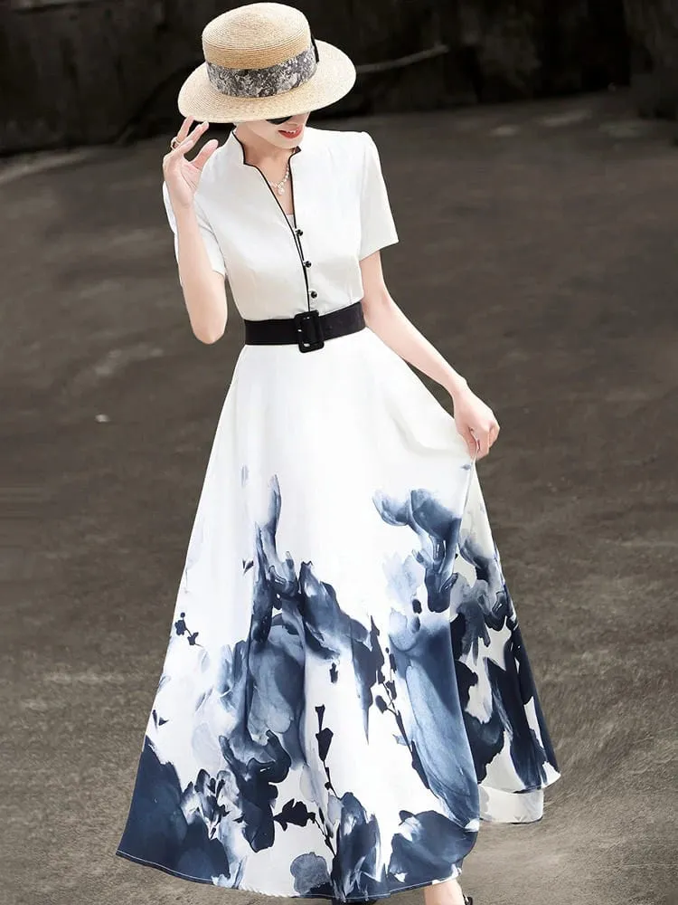 2026 Summer New Chinese Style Ink Painting Print Waist Cinched Swing Dress