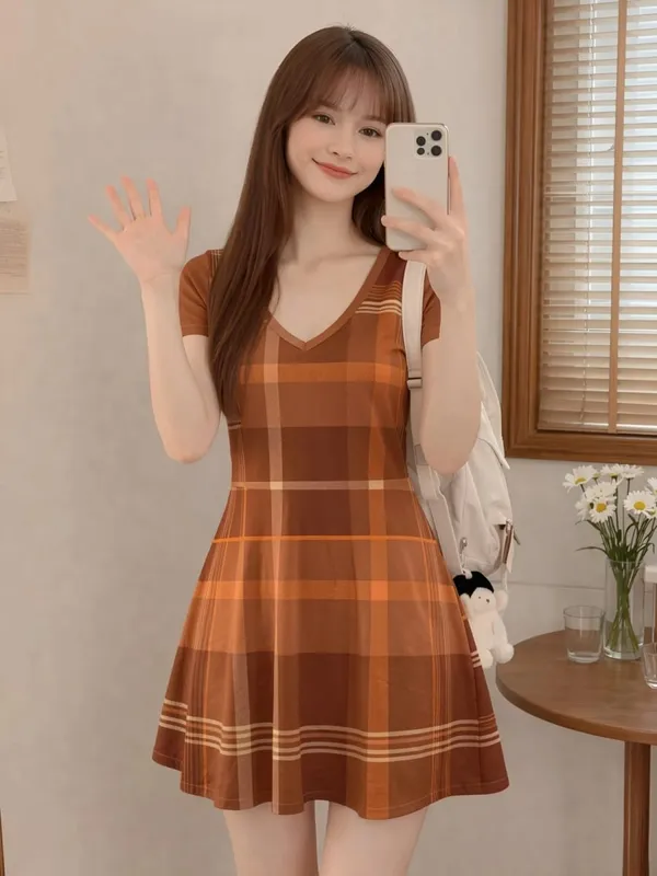 Womens V Neck Short Sleeve Fit Flare Mini Dress Breezy A Line Casual Sundress for Weekend Vacation Travel Everyday Casual Outfit