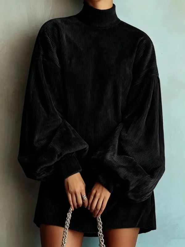 Women Corduroy Turtleneck Mini Dress Oversized Elegant Loose Lantern Sleeve Casual Dresses Autumn Winter Streetwear Short Dress — image 8