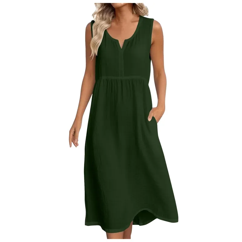 Womens Cotton Linen Midi Dresses Sleeveless Loose Comfy Beach Dress With Pockets Solid Color Casual Holiday Party Sundress