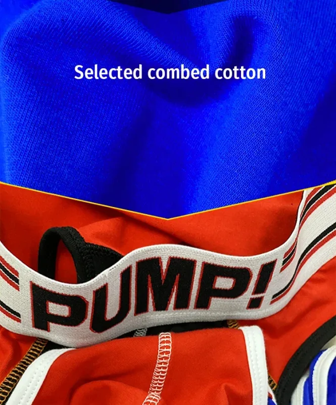 Celana Dalam Katun Warna Blok Pria, Pump! Logo Celana Dalam Kantong Cembung 3D Seksi Bertingkat Rendah Ikat Pinggang Lebar 3256813080433415