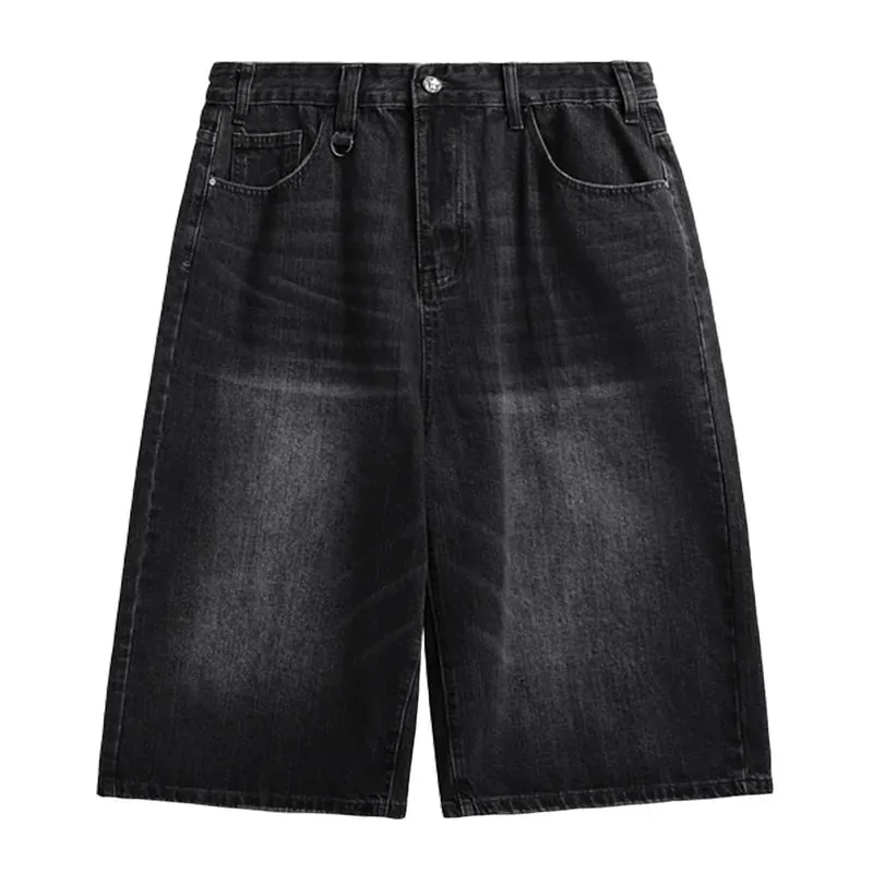 Men Vintage Washed Denim Shorts Loose Wide Leg Retro Nostalgic Tone Summer Streetwear Vintage Cropped Jeans
