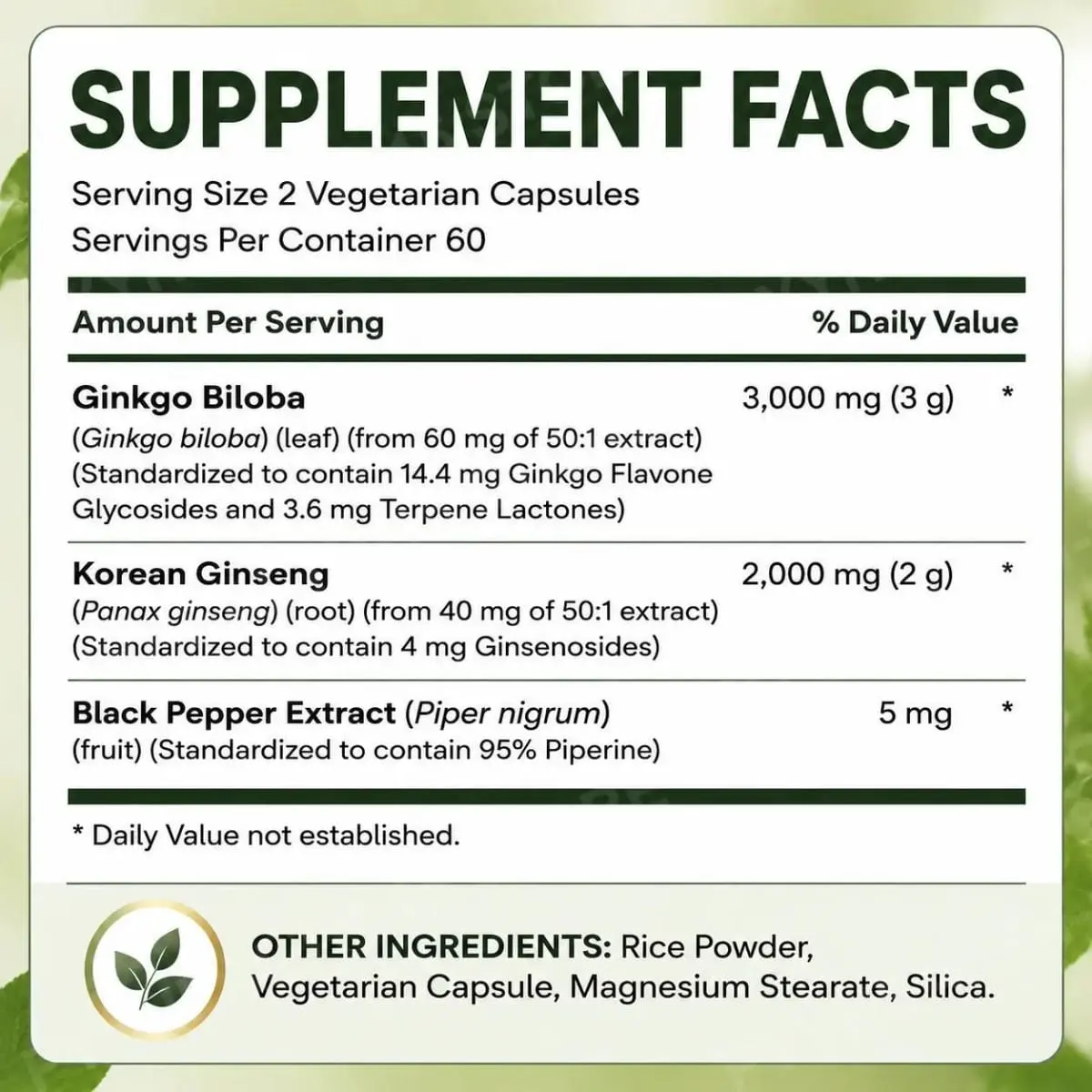 Panax Ginseng & Ginkgo Biloba 5000mg Equivalent with 95% Piperine Daily Energy Focus & Vitality Support 120 Vegetarian Capsules