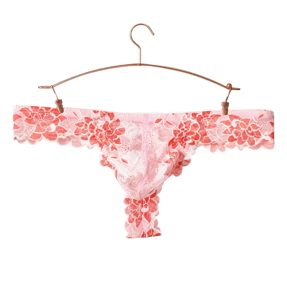Men Floral Lace Thong Low Rise Elastic Waist G‑String Breathable See‑Through Floral Print Male Underwear Sexy Lingerie Panties