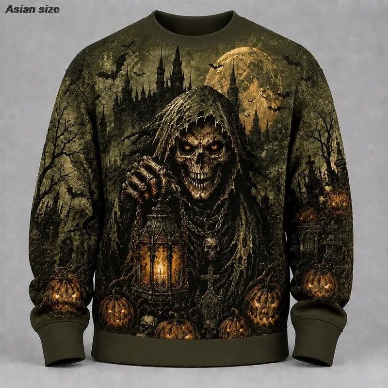 Fleece Sweatshirts Halloween Men's Skulls Sweatshirt Punk Party Gothic Crew Neck Vacation Blue Dark orange Brown Green