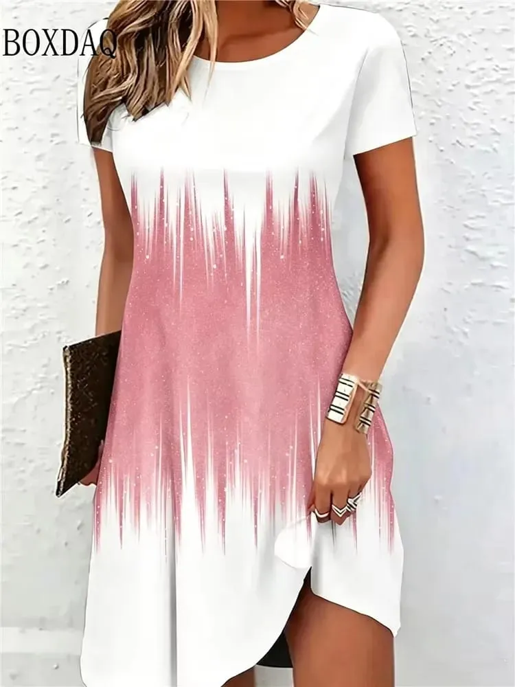 New Women's Summer Dresses Loose Short Sleeve Round Neck Gradient Pattern Printed Casual Party Dress