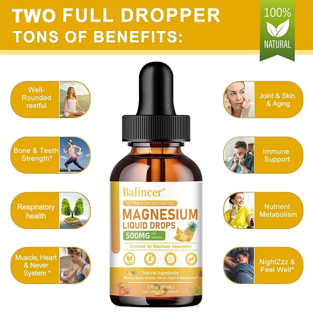 Magnesium Glycinate Liquid Drops 500mg Complex Supplement for Sleep Nerve Energy Muscle Bone Calm & Digestion 2 Fl Oz
