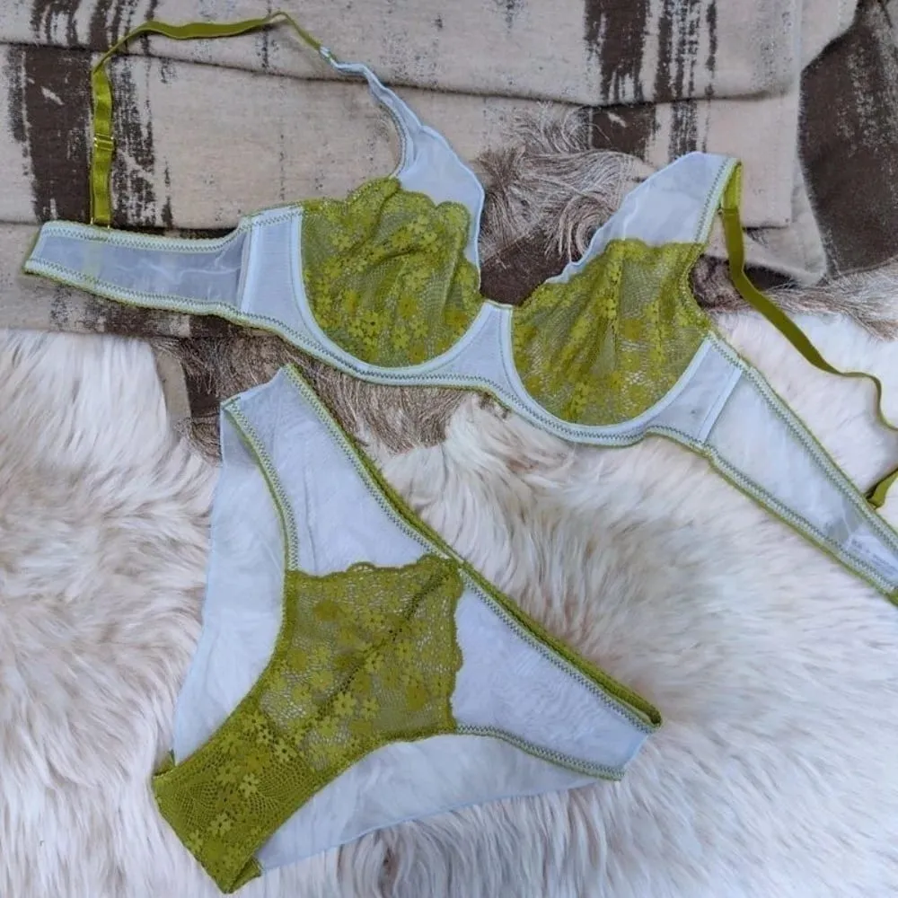French Vintage Mesh Lace Flower Bra Set Lingerie Brassiere Mesh Bra Panties Kit Thin Underwear Push Up Bra Women Girl