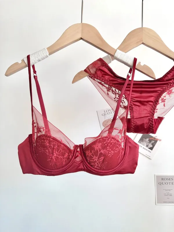Women Red Sexy Lace Bra Set Push Up Soft Underwire Thin Lingerie Comfortable Support for Small Bust Female Underwear Suit S-XL