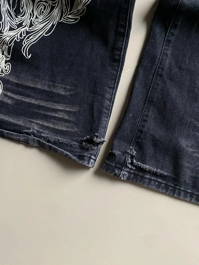 American Vintage New Pattern Printing Black Baggy Jeans Men Y2K Gothic Harajuku Hip Hop Popular Casual Joker Wide-leg Pants