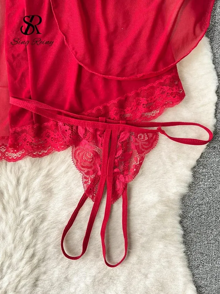 Women Satin Sexy Pajamas Suits 2024 Mesh Long Outwear+Halter Backless Bra+Open Croth Thongs Sheer Lace Nightwear Suits