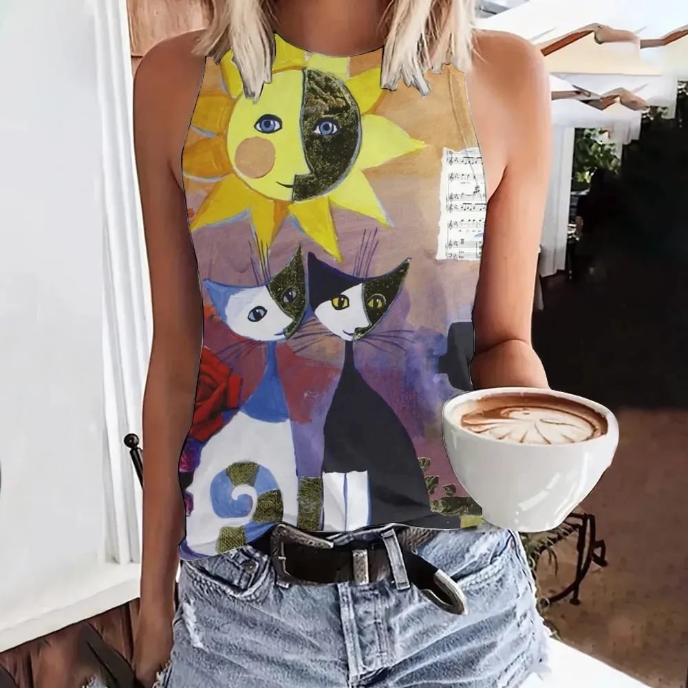 Débardeur d'été imprimé visage drôle de chat en 3D pour femmes, Streetwear à la mode, surdimensionné, col rond, gilet, épaules dénudées, sans manches, Camisole
