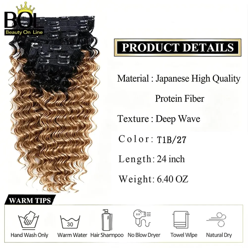 24Inch Synthetic Deep Wave Clip In Hair Extensions 7Pcs/Set 140g Fake Hair Full Head Hairpiece Curly Clip Ins Hair For Women