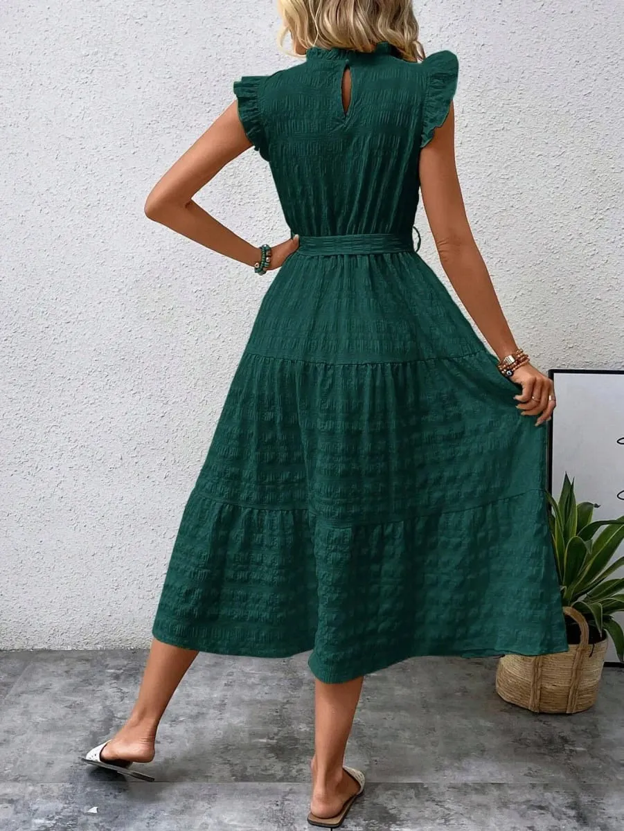 2026 Summer Fashion Flutter Sleeve Women Stand Collar Ruffles Solid Color Elegant Loose Long Dress Lace-up Texture Party Dresses