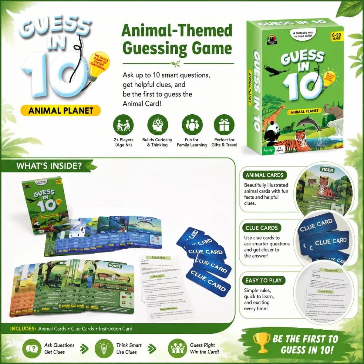 Guess in 10 Animal Planet Card Game Kids Animal Trivia Clue Educational Family Travel Brain Teaser English Version