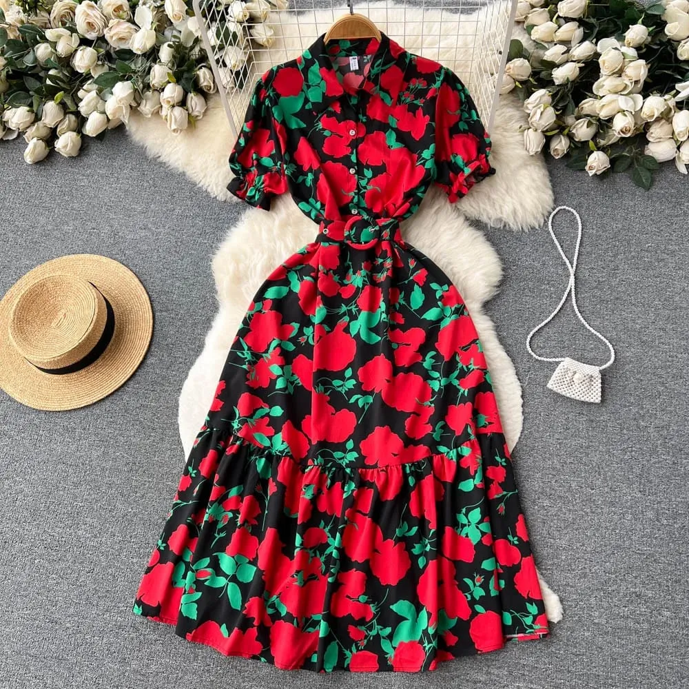 YuooMuoo Summer Style Floral Print Women Dress 2026 New Arrival Vintage Turn-down Collar Slim Waist Long Shirt Dress Vestidos