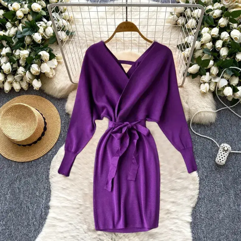 YuooMuoo Women Dress 2026 Autumn Winter V-neck Slim Waist Wrap Hips Knitted Short Dress Streetwear Lady Vestidos