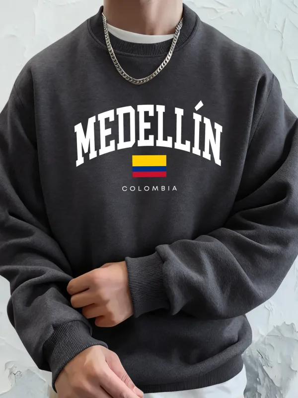 Medellin Colombia Letter And Flag Printed Men'S Hoodies Comfortable Fleece Sweatshirts Soft Fashion Tops Street Warm Clothes